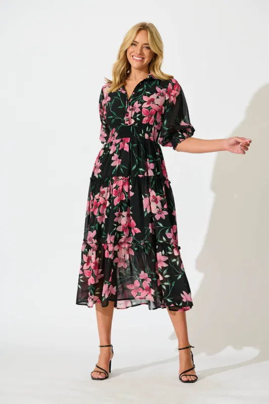 Brittney Midi Dress In Black And Pink Floral Chiffon sold by St Frock