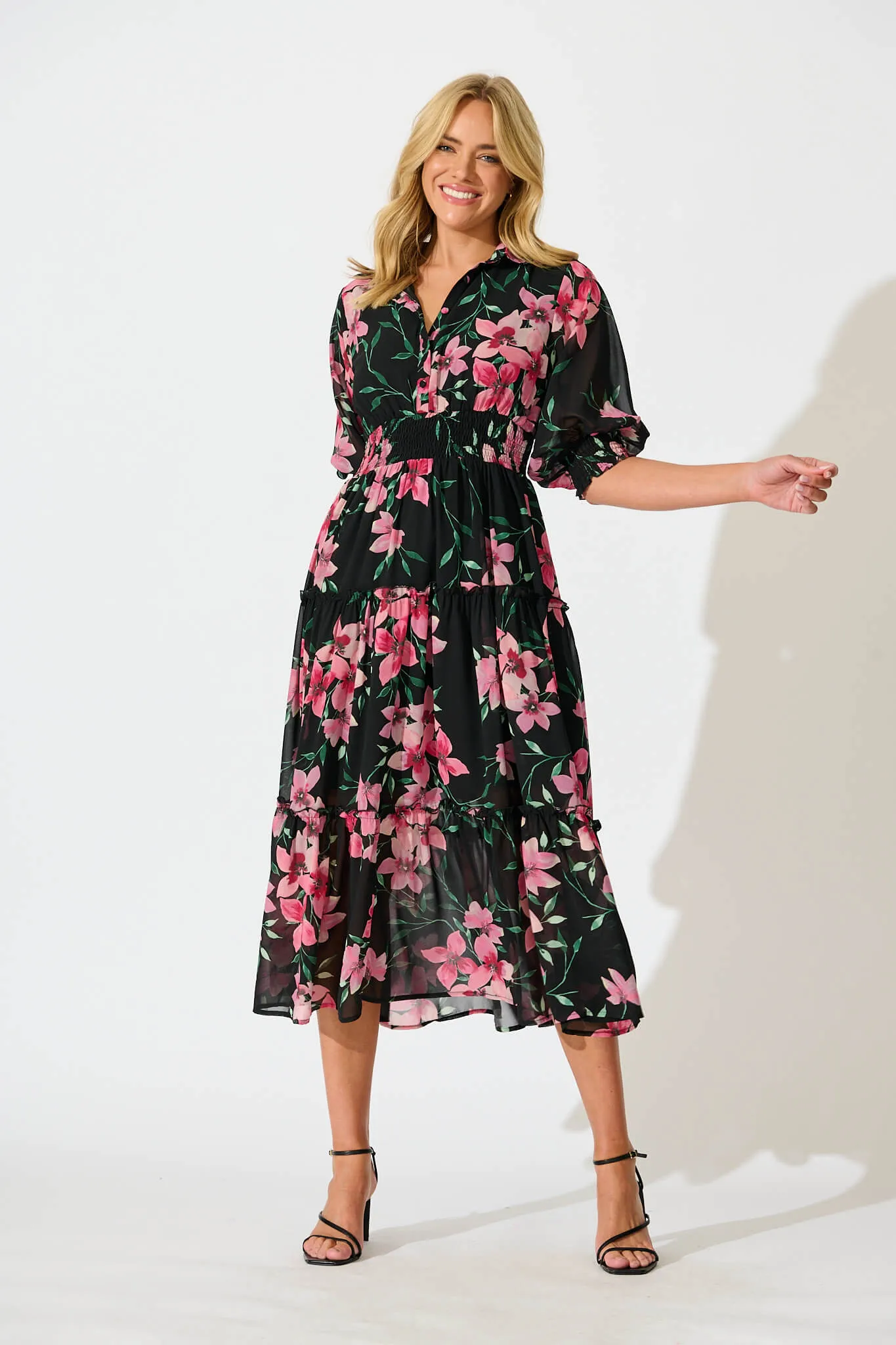 Brittney Midi Dress In Black And Pink Floral Chiffon sold by St Frock