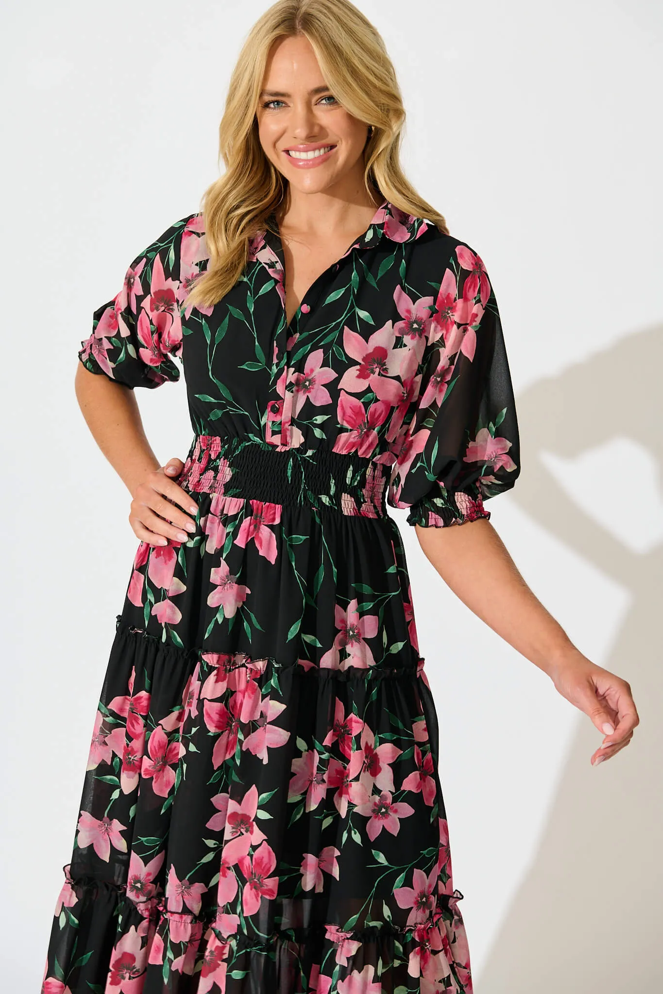 Brittney Midi Dress In Black And Pink Floral Chiffon sold by St Frock product image thumbnail 2