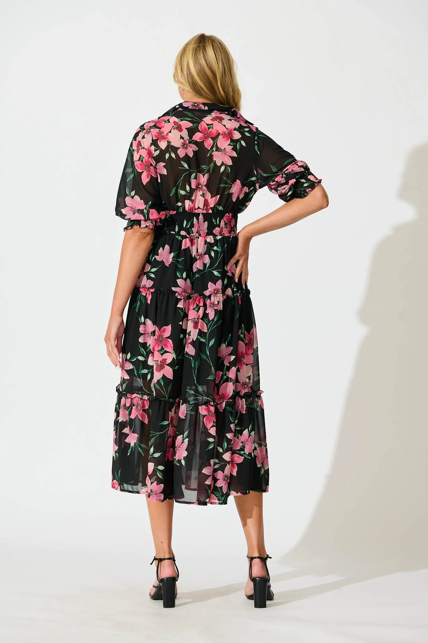 Brittney Midi Dress In Black And Pink Floral Chiffon sold by St Frock product image thumbnail 4