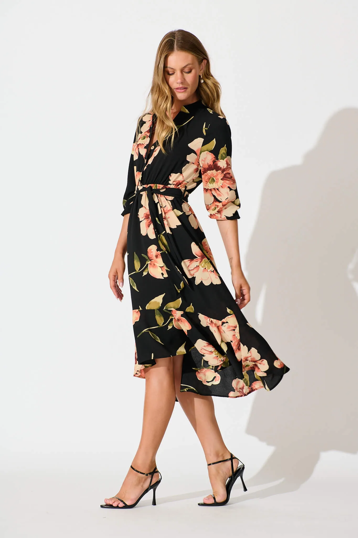Jemimah Midi Dress In Black with Blush Floral sold by St Frock product image thumbnail 3