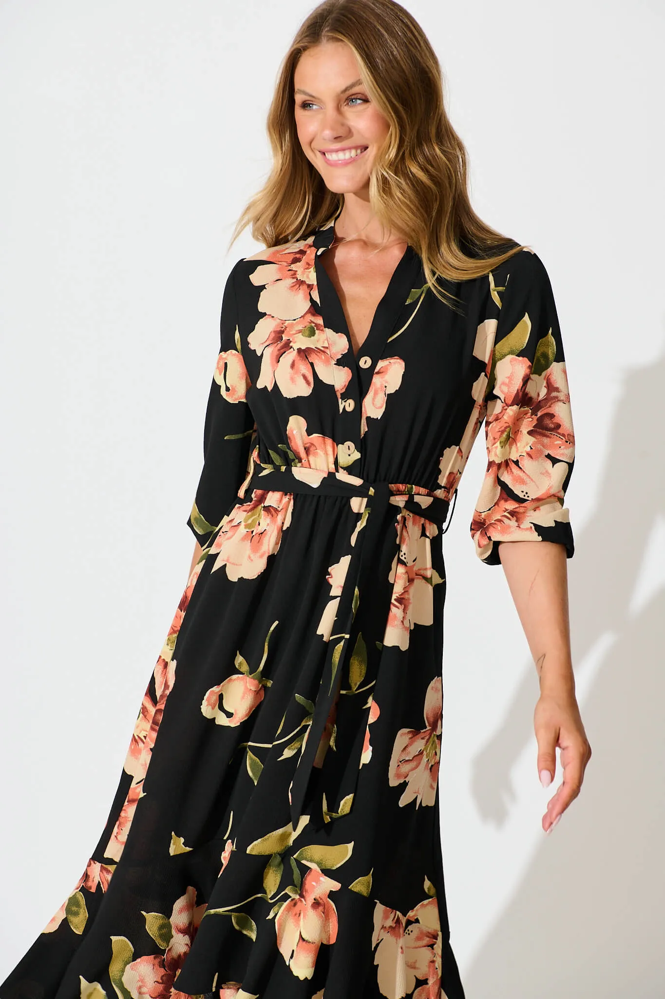 Jemimah Midi Dress In Black with Blush Floral sold by St Frock product image thumbnail 2