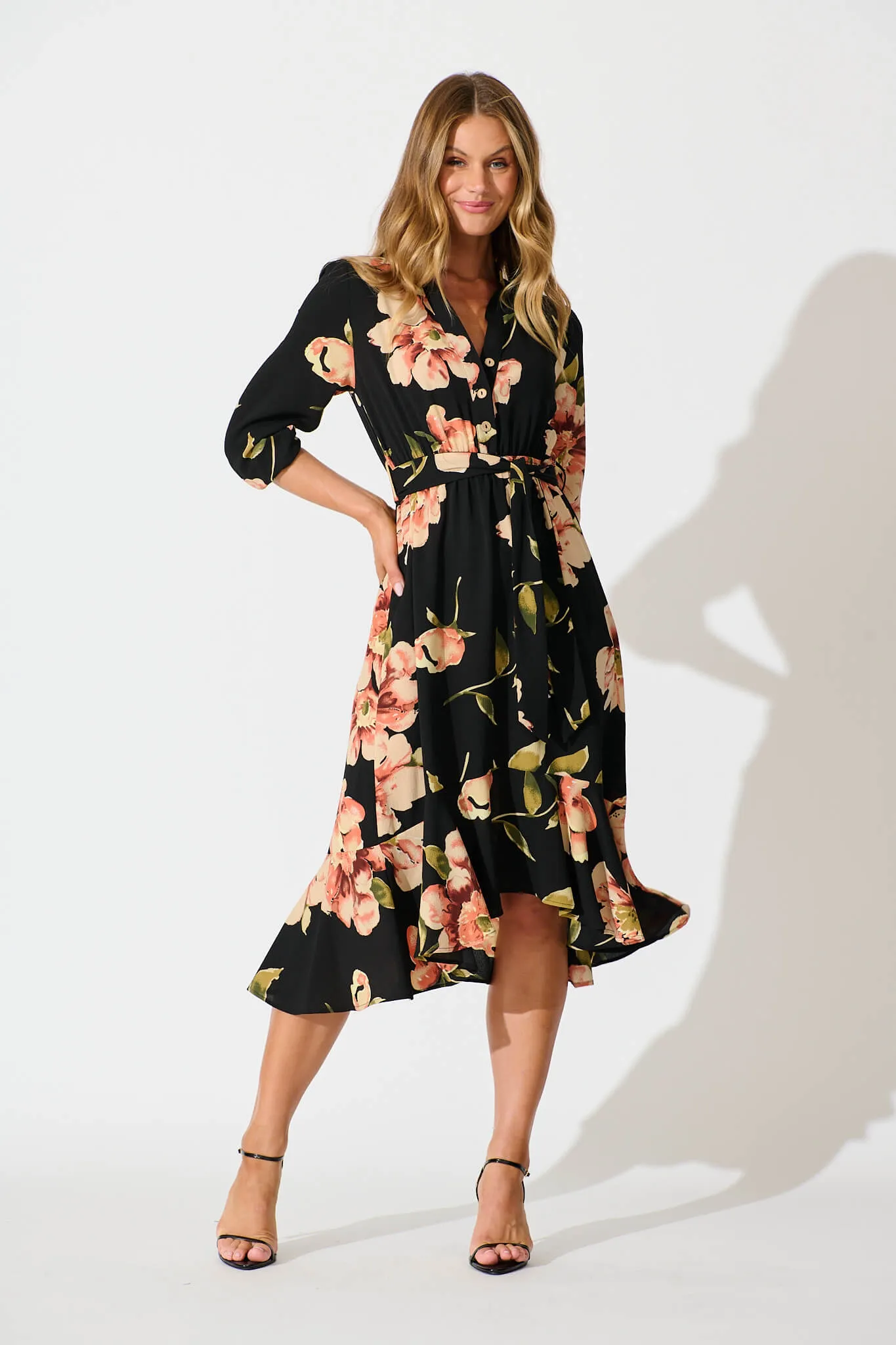Jemimah Midi Dress In Black with Blush Floral sold by St Frock