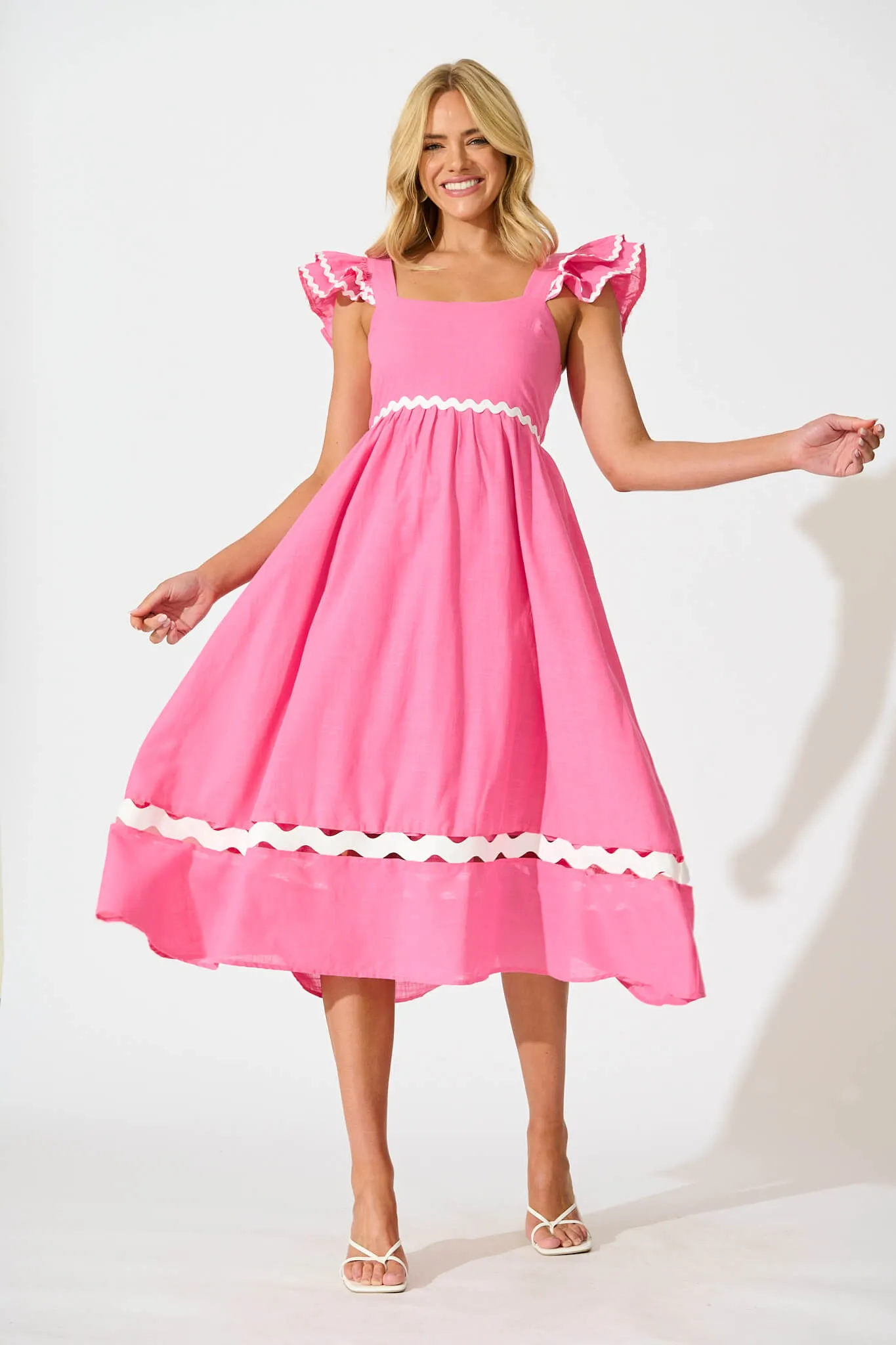 Miami Midi Dress In Pink With White Ric Rac Cotton sold by St Frock