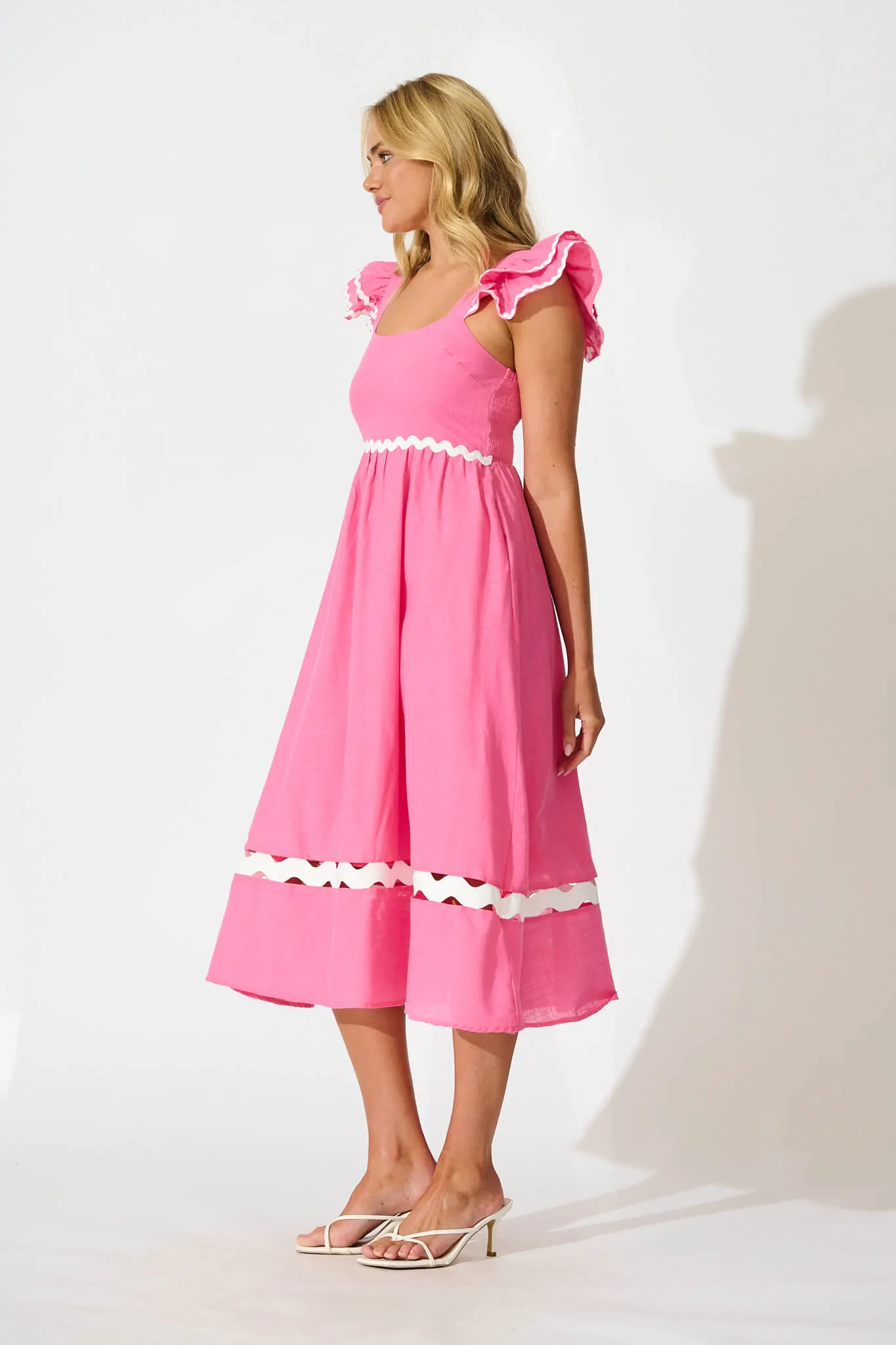 Miami Midi Dress In Pink With White Ric Rac Cotton sold by St Frock product image thumbnail 3