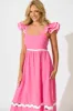 Miami Midi Dress In Pink With White Ric Rac Cotton sold by St Frock