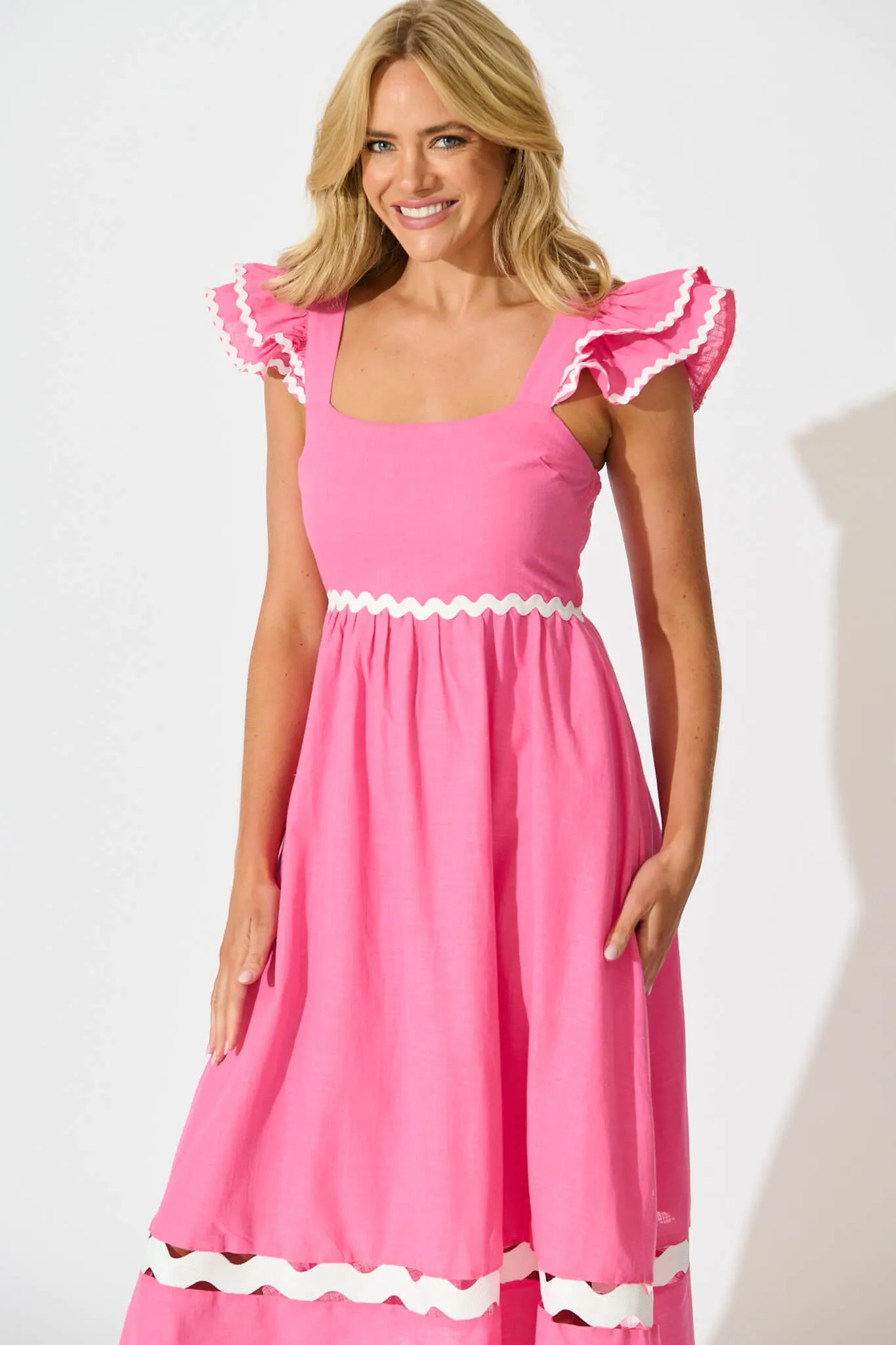Miami Midi Dress In Pink With White Ric Rac Cotton sold by St Frock product image thumbnail 2