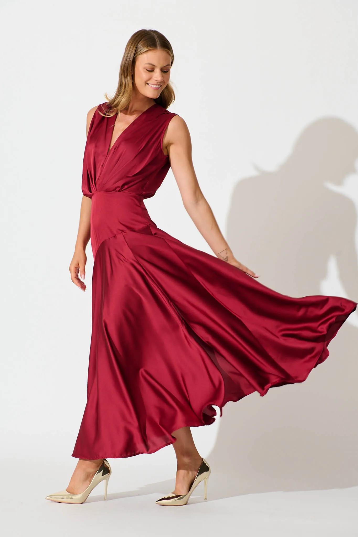 Jenibelle Maxi Dress in Wine Satin sold by St Frock product image thumbnail 3