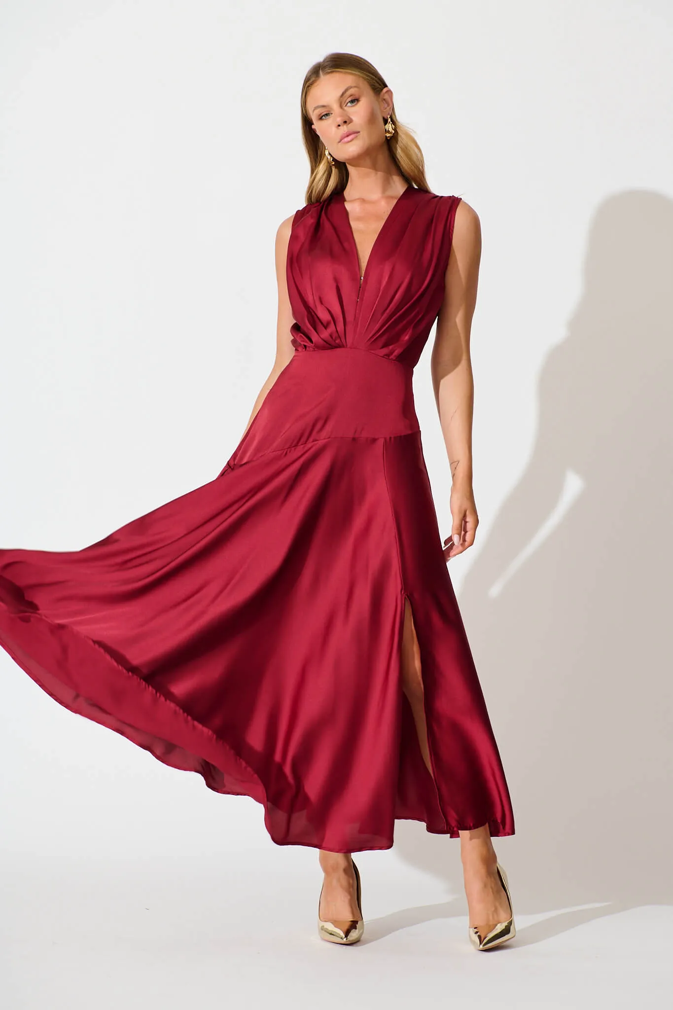 Jenibelle Maxi Dress in Wine Satin sold by St Frock