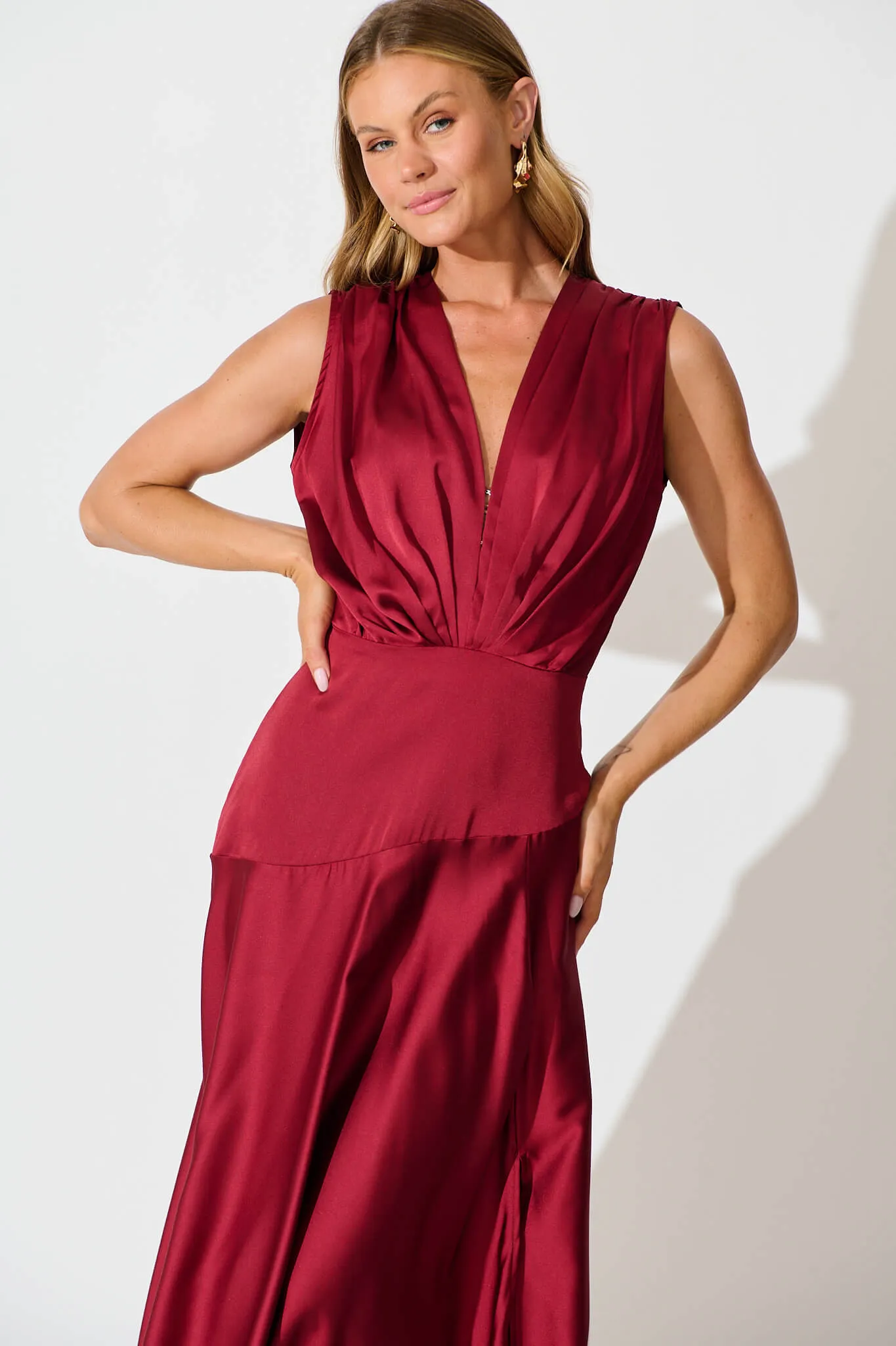 Jenibelle Maxi Dress in Wine Satin sold by St Frock product image thumbnail 2