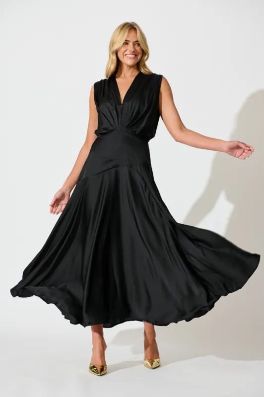 Jenibelle Maxi Dress in Black Satin sold by St Frock