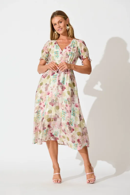 Anabelle Midi Dress in Sage with Blush Watercolour sold by St Frock