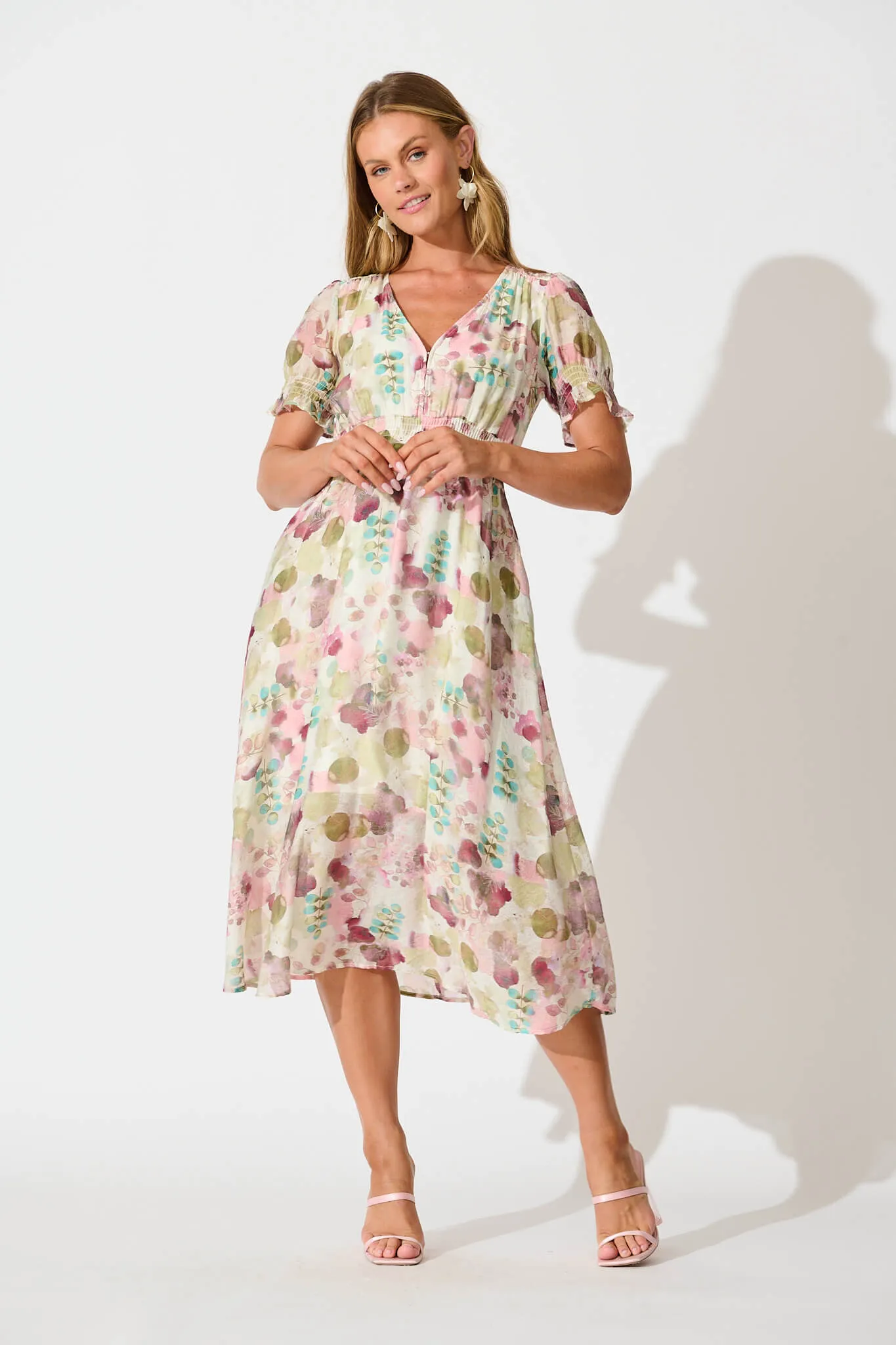 Anabelle Midi Dress in Sage with Blush Watercolour sold by St Frock