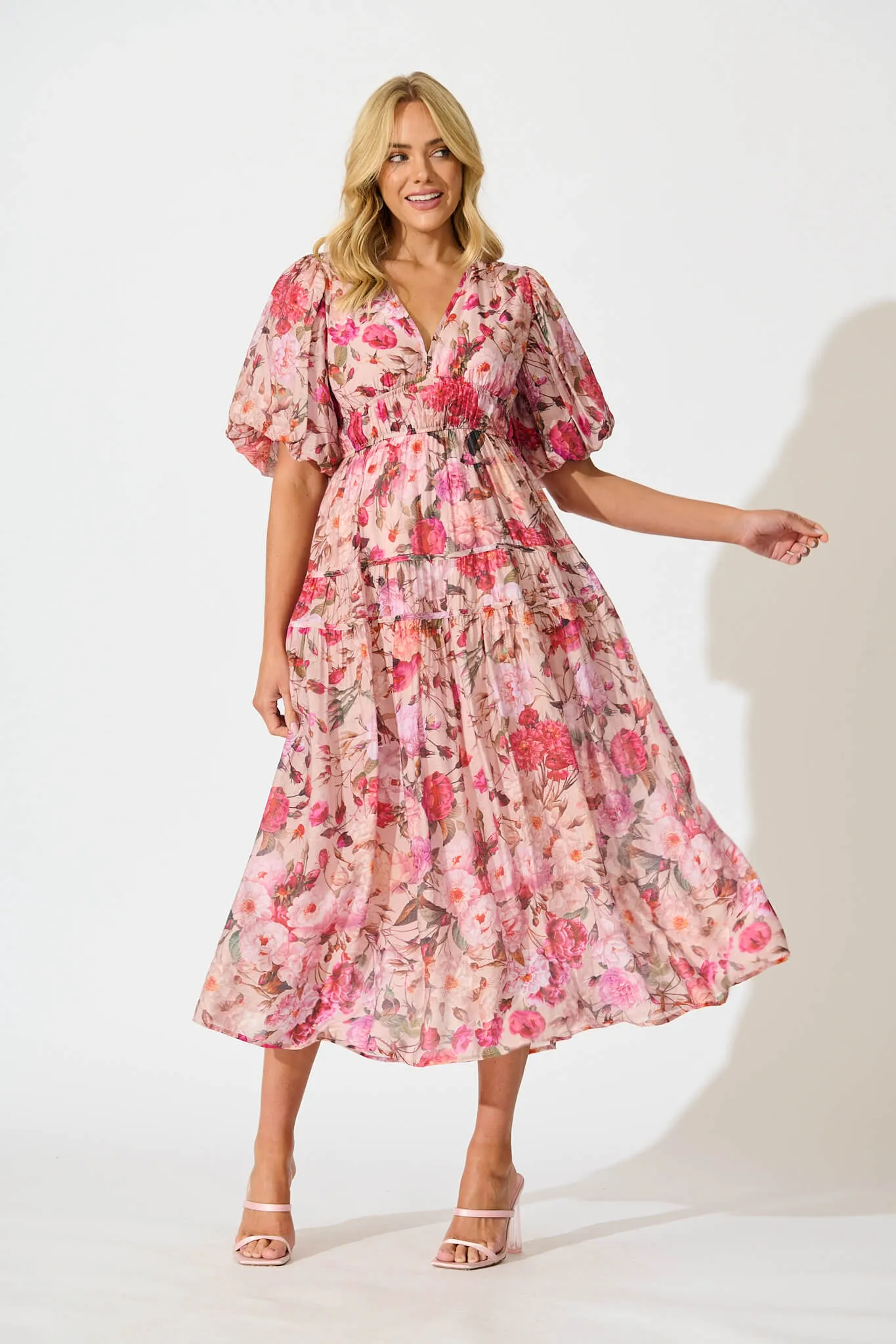 Amalie Midi Dress In Vintage Blush Floral Print sold by St Frock