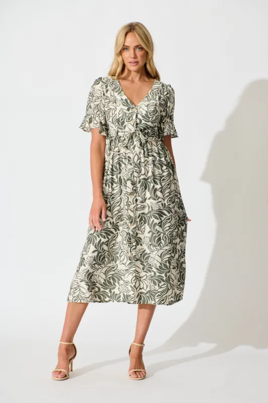 Paloma Midi Dress in Cream and Khaki Leaf Print sold by St Frock