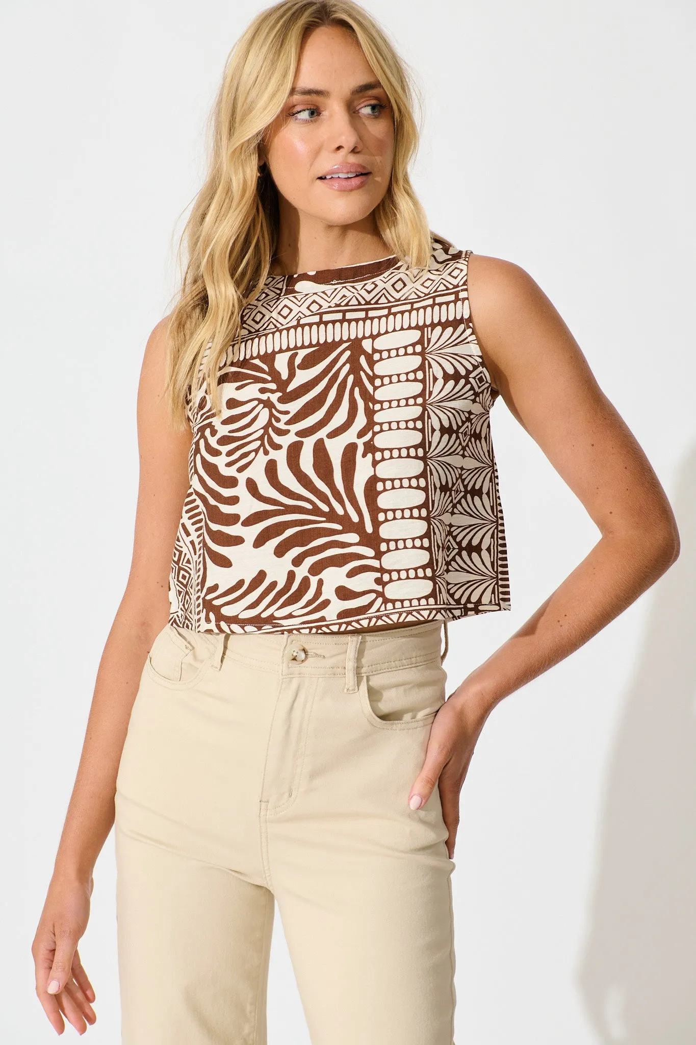 Leona Top in Chocolate and Cream Tile Print sold by St Frock