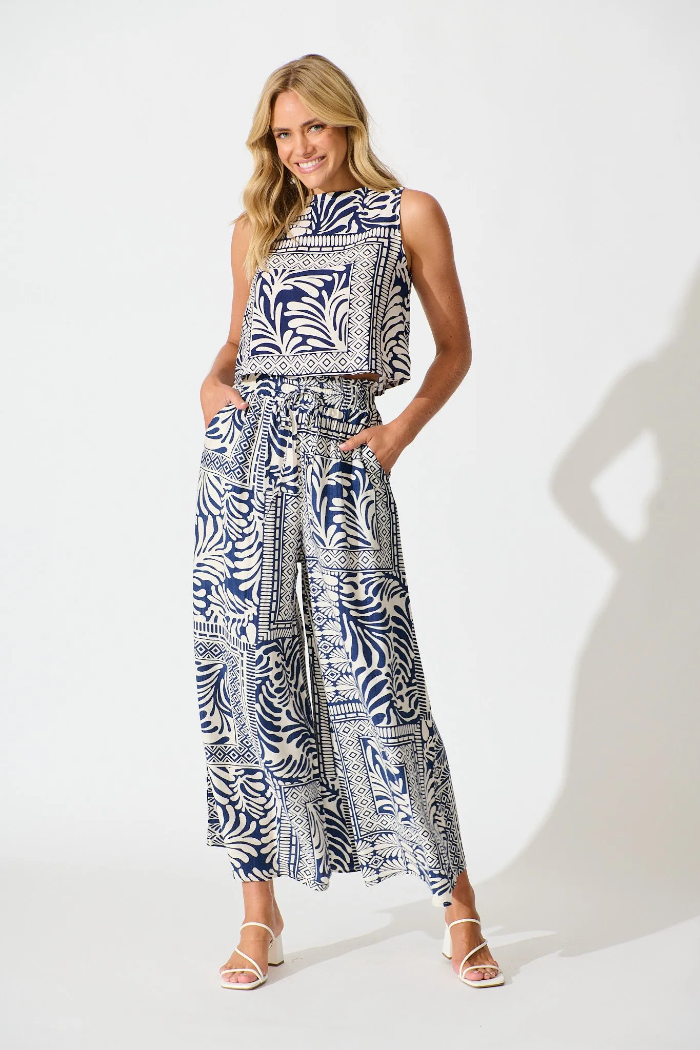 Leona Top in Navy and Cream Tile Print sold by St Frock product image thumbnail 5