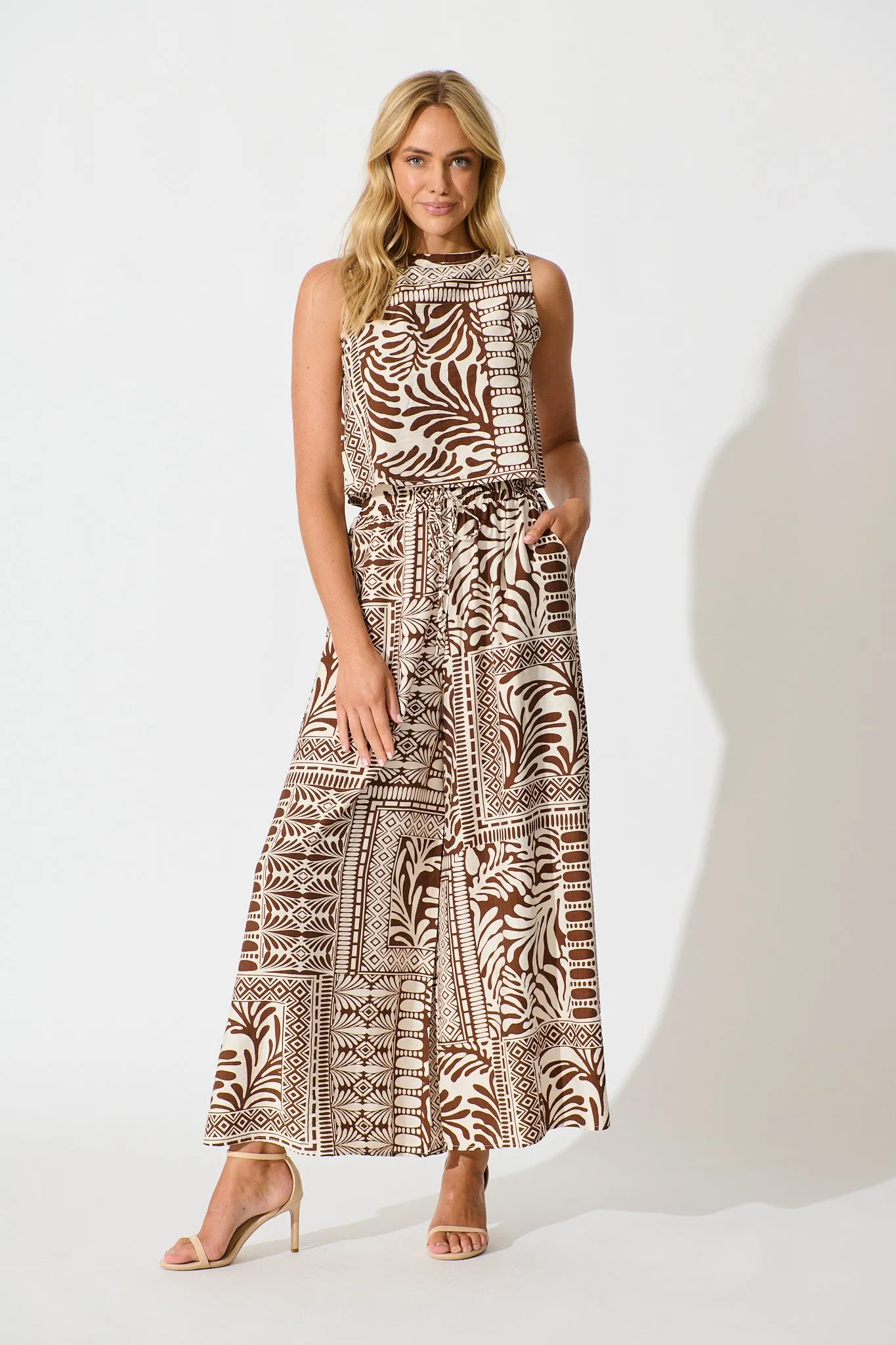 Goldie Wide Leg Pant in Chocolate and Cream Tile Print sold by St Frock product image thumbnail 5