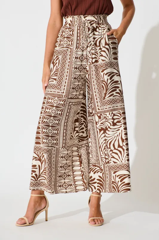 Goldie Wide Leg Pant in Chocolate and Cream Tile Print sold by St Frock