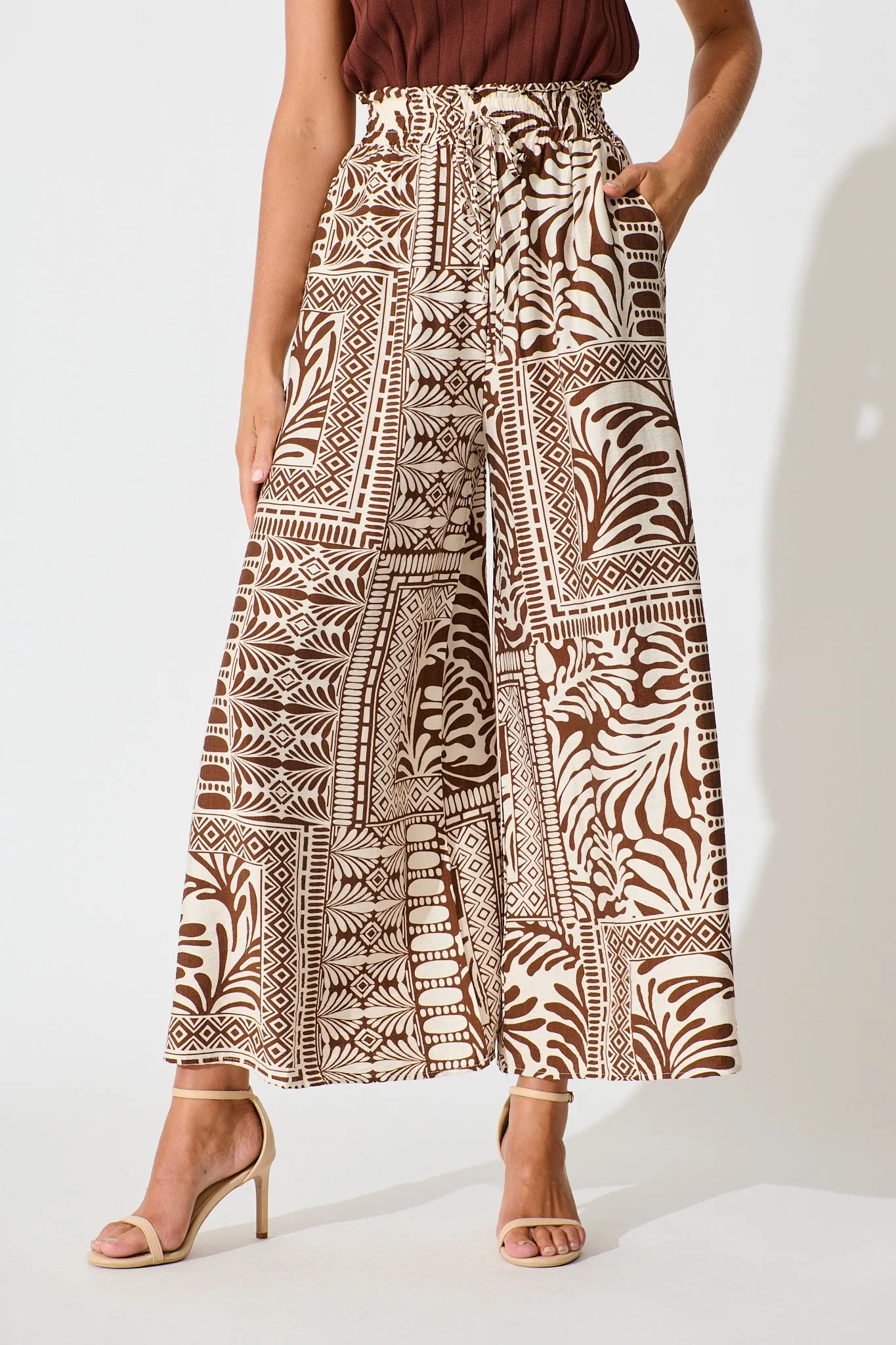Goldie Wide Leg Pant in Chocolate and Cream Tile Print sold by St Frock