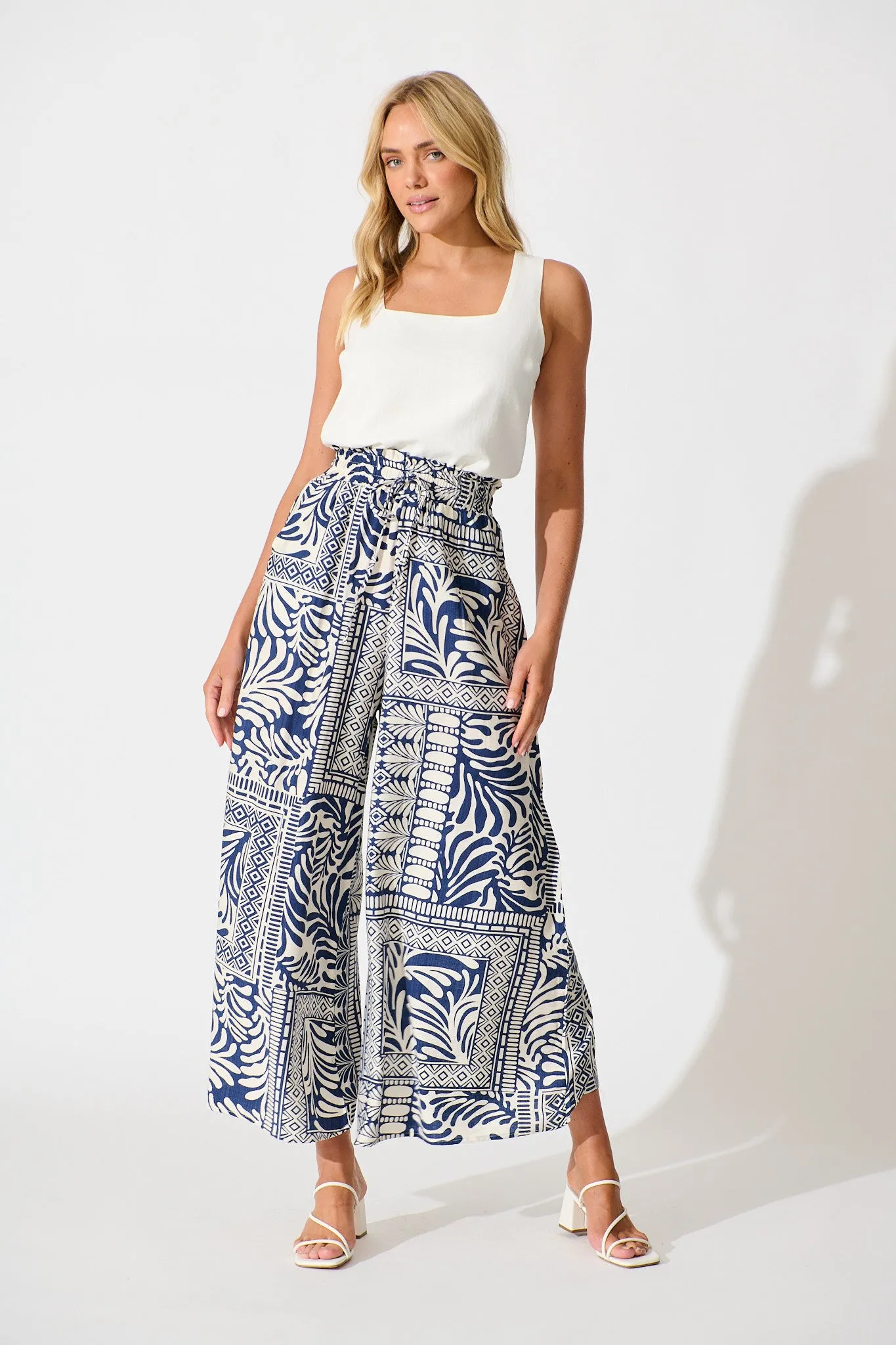 Goldie Wide Leg Pant in Navy and Cream Tile Print sold by St Frock product image thumbnail 4