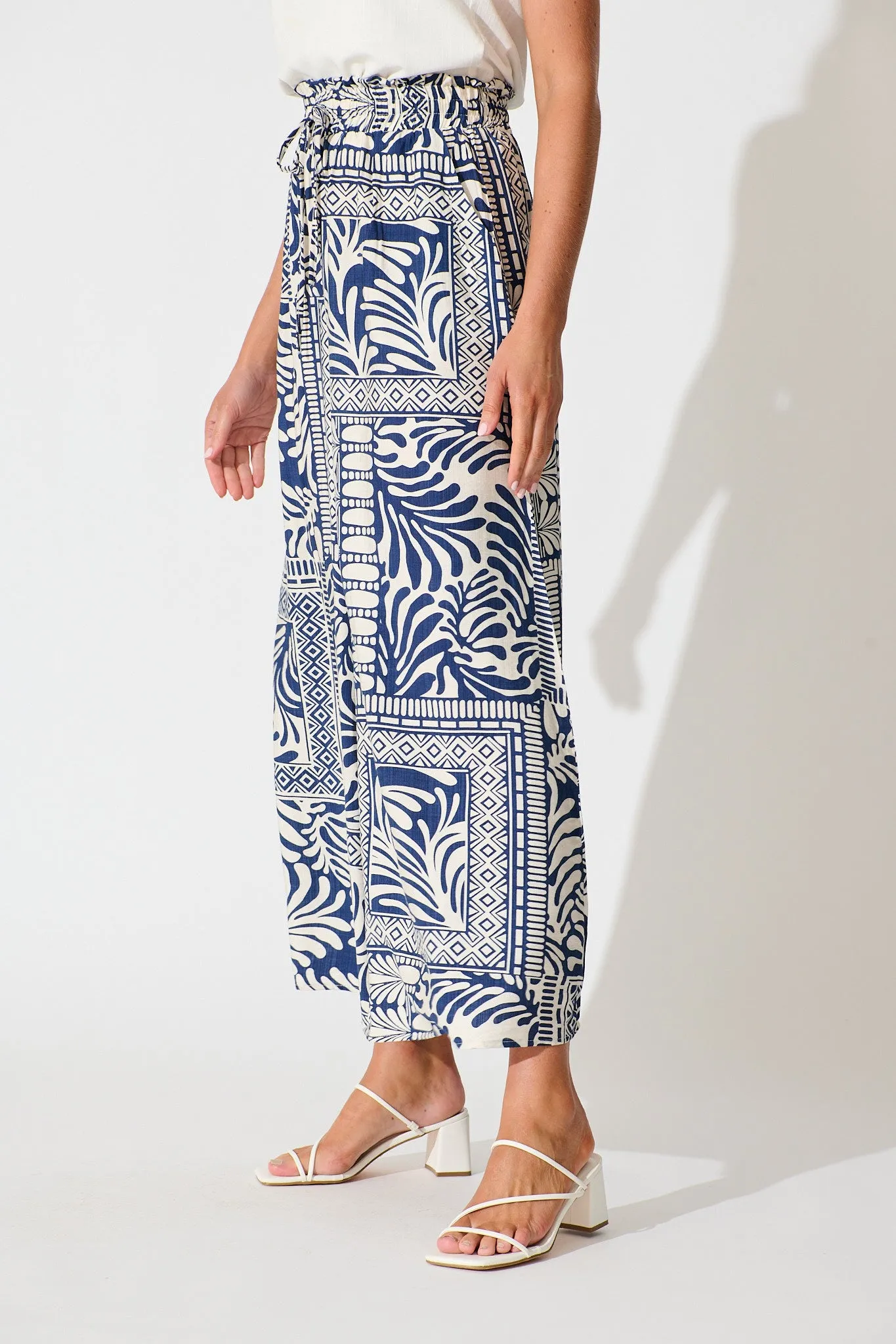 Goldie Wide Leg Pant in Navy and Cream Tile Print sold by St Frock product image thumbnail 2