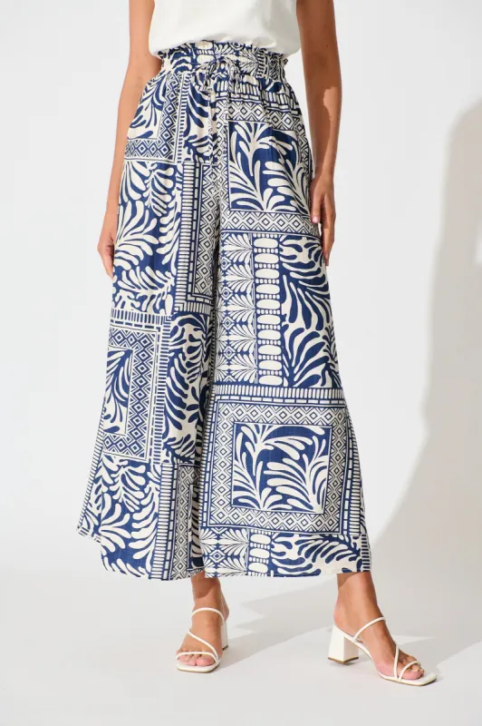 Goldie Wide Leg Pant in Navy and Cream Tile Print sold by St Frock