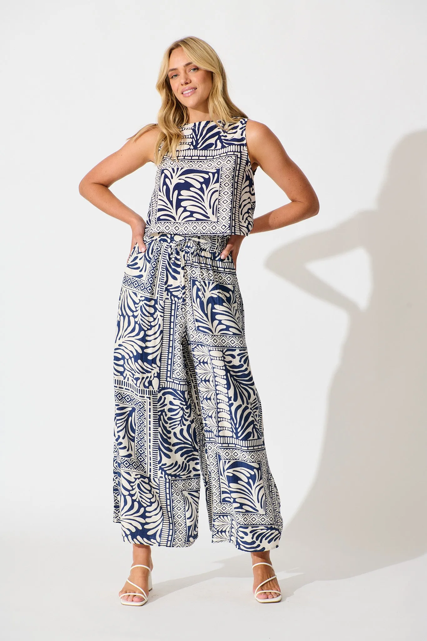 Goldie Wide Leg Pant in Navy and Cream Tile Print sold by St Frock product image thumbnail 5