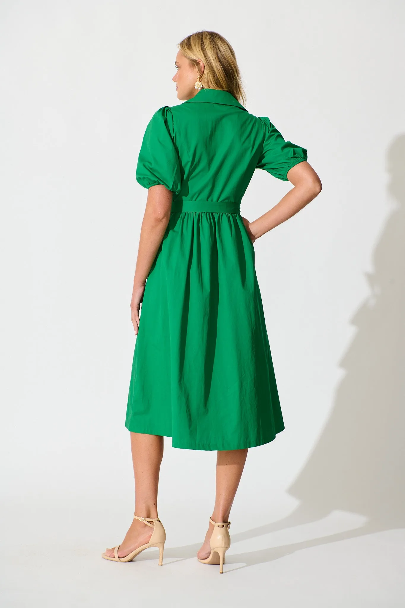PRE ORDER Adrienne Midi Shirt Dress in Green Cotton sold by St Frock product image thumbnail 4