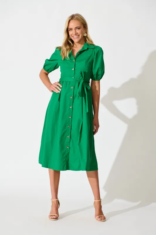 Adrienne Midi Shirt Dress in Green Cotton sold by St Frock