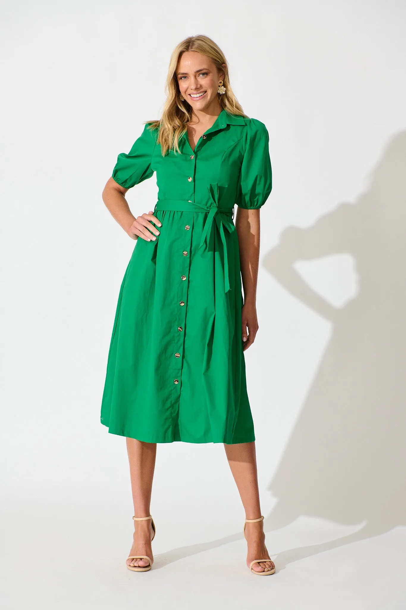 PRE ORDER Adrienne Midi Shirt Dress in Green Cotton sold by St Frock