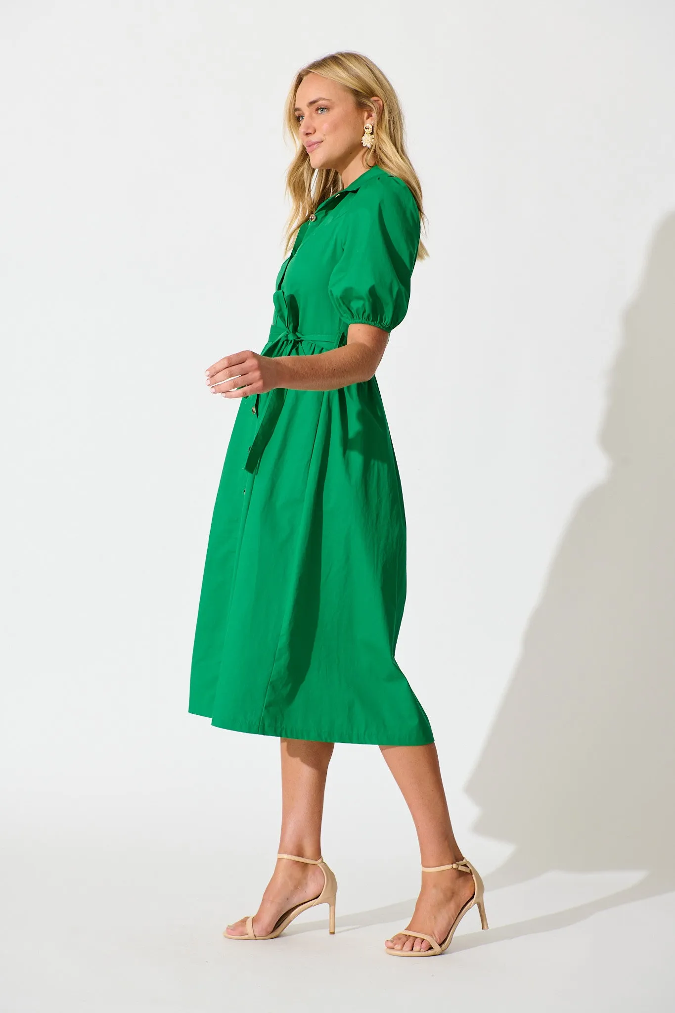 PRE ORDER Adrienne Midi Shirt Dress in Green Cotton sold by St Frock product image thumbnail 3