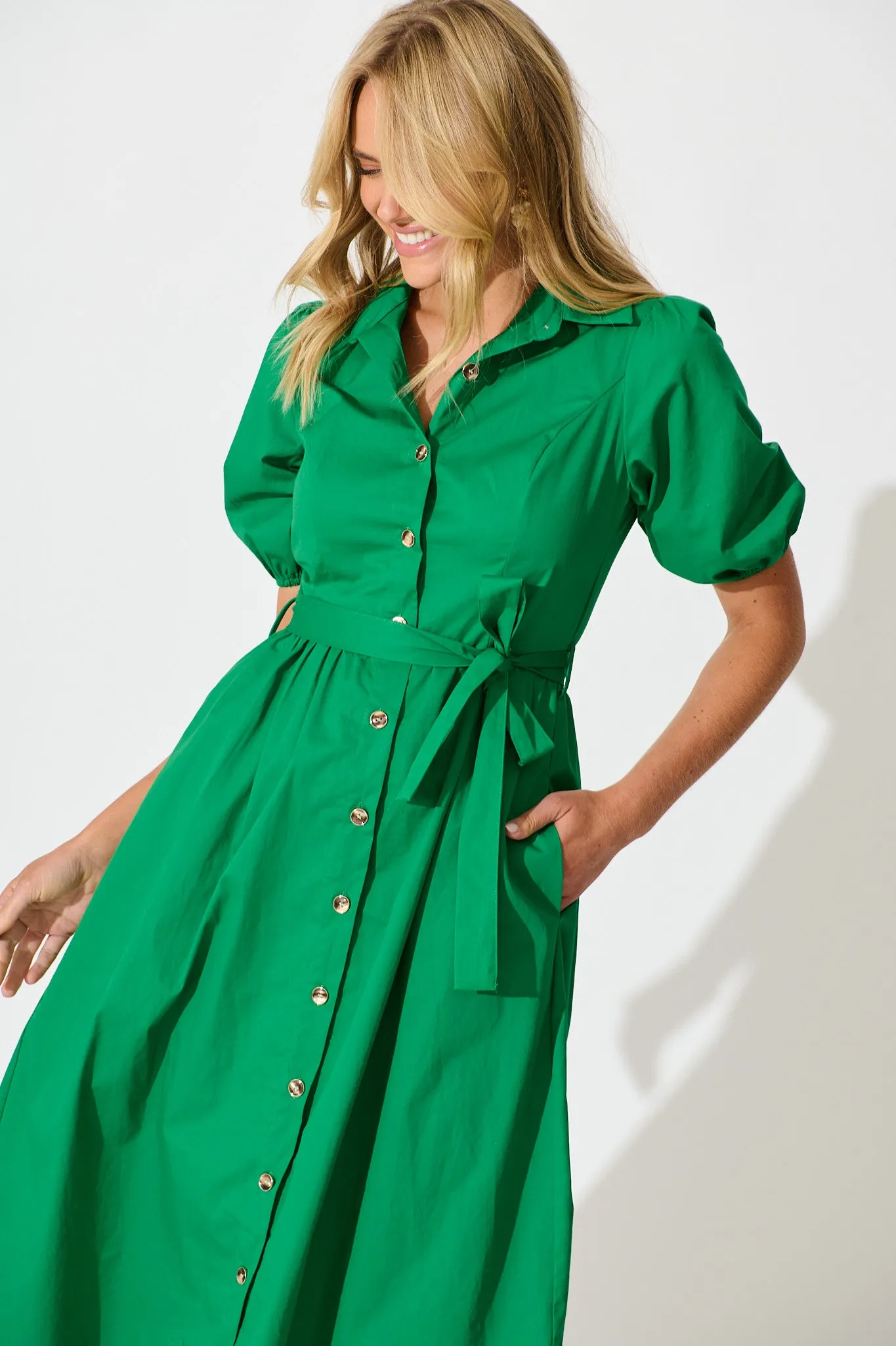 PRE ORDER Adrienne Midi Shirt Dress in Green Cotton sold by St Frock product image thumbnail 2