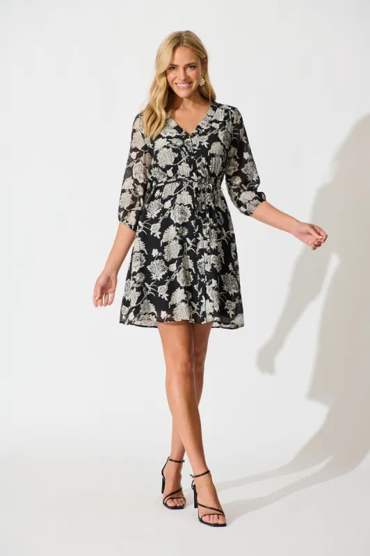 Fleur Dress in Black with White Print sold by St Frock