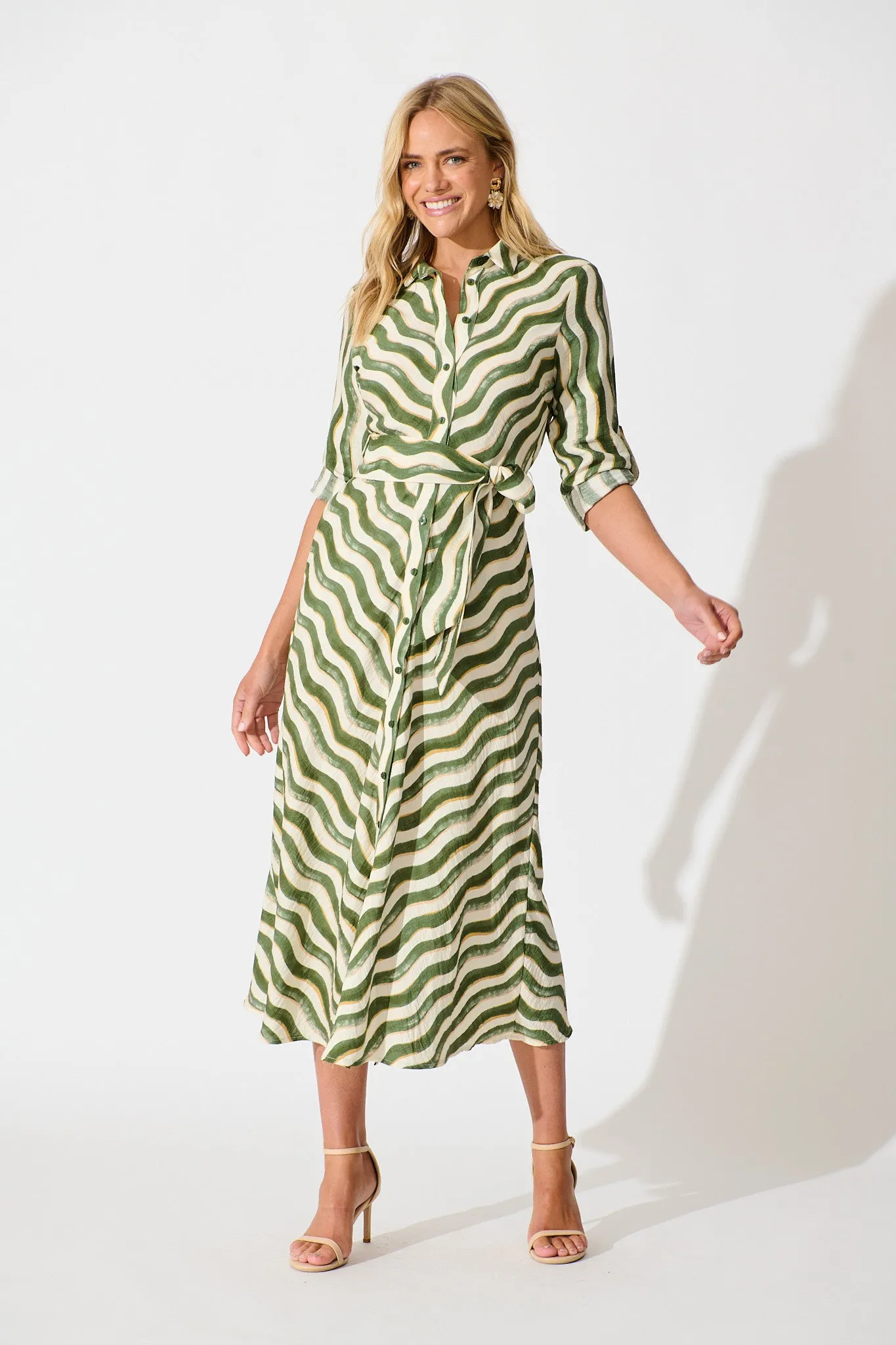 Tia Maxi Shirt Dress in Khaki Swirl Print sold by St Frock