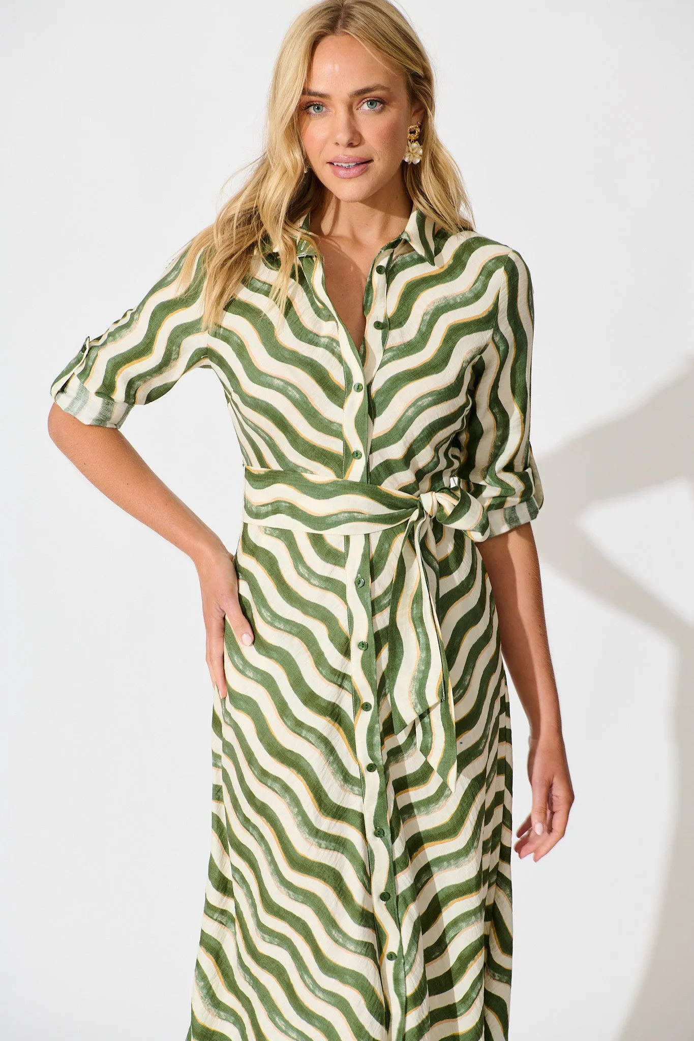 Tia Maxi Shirt Dress in Khaki Swirl Print sold by St Frock product image thumbnail 2