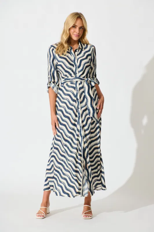 Tia Maxi Shirt Dress in Navy Swirl Print sold by St Frock