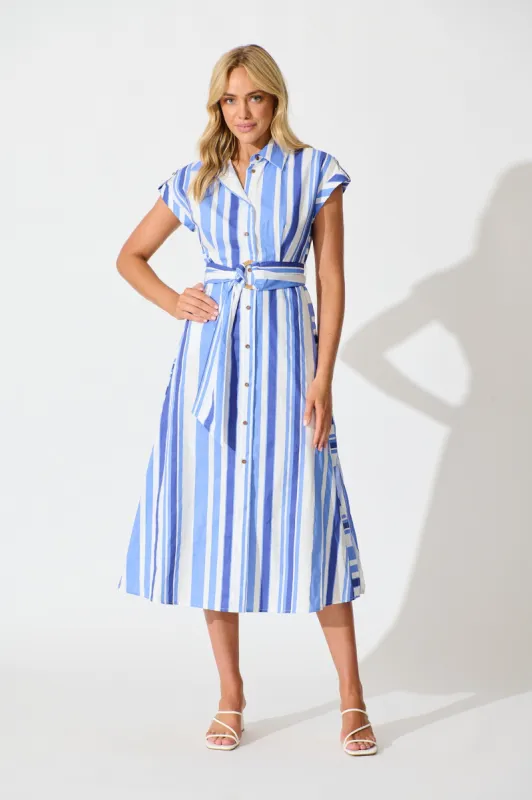 Olvera Midi Shirt Dress in Blue Stripe Cotton sold by St Frock