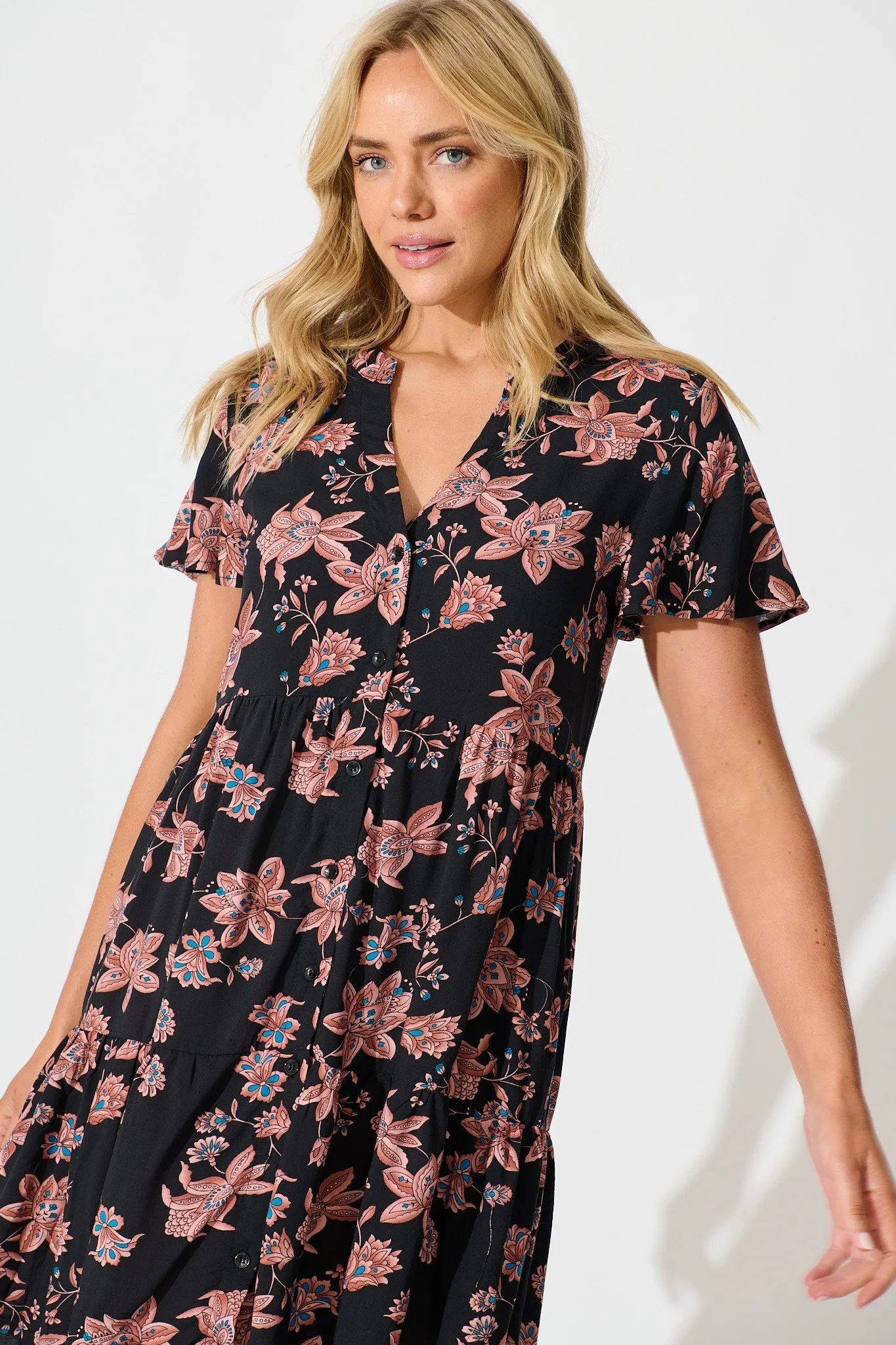 Adeline Shirt Dress in Black with Brown Floral Print sold by St Frock product image thumbnail 2