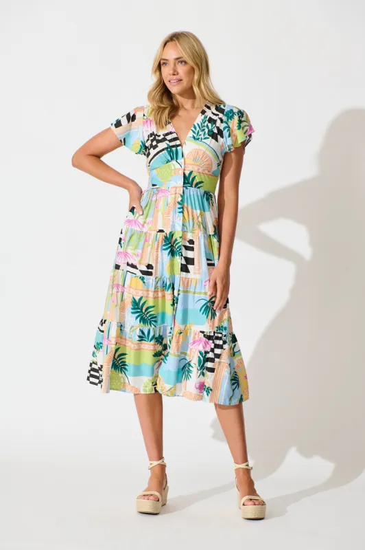 Lively Midi Dress in White Multi Print sold by St Frock