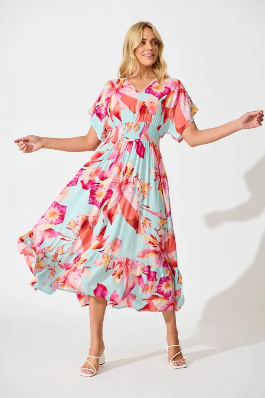 Nola Midi Dress in Blue with Pink Floral sold by St Frock