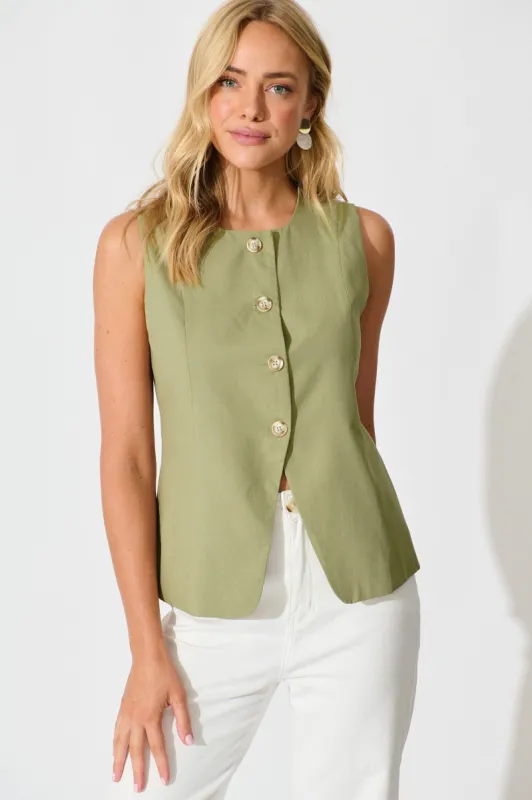 Elira Vest In Khaki Linen Blend sold by St Frock