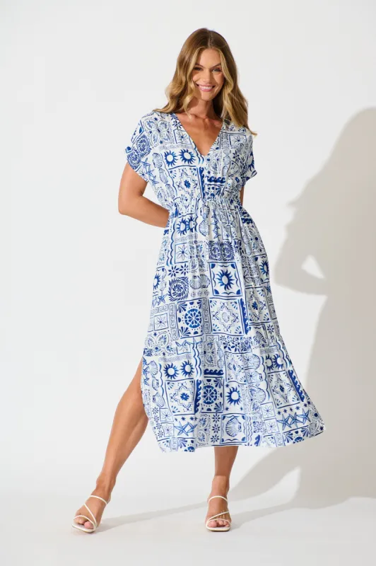 Zadie Midi Dress in White and Blue Tile Print sold by St Frock