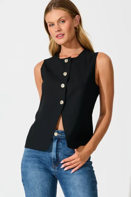 Elira Vest in Black Linen Blend sold by St Frock