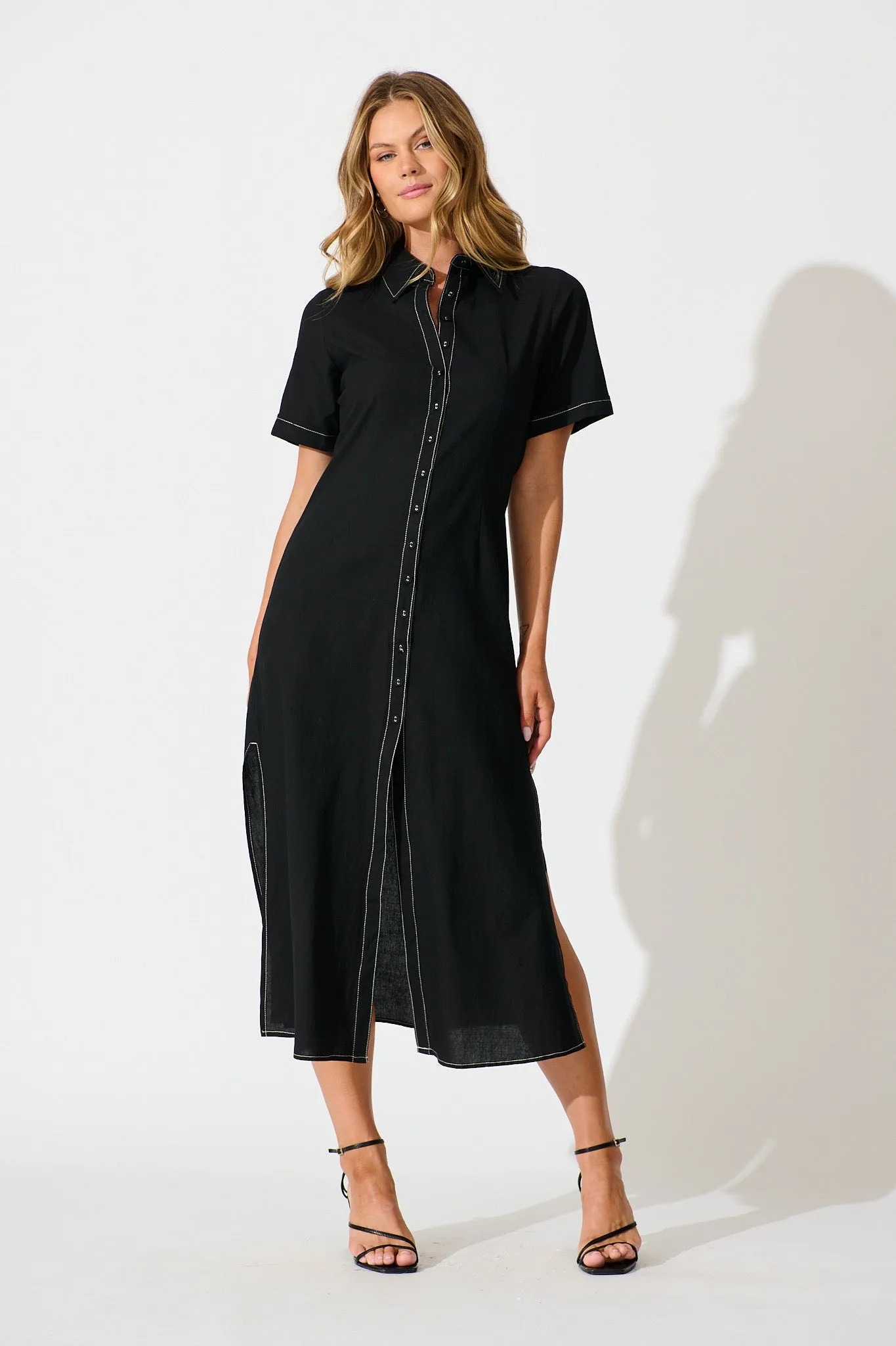 Christiana Maxi Shirt Dress In Black Linen Blend sold by St Frock