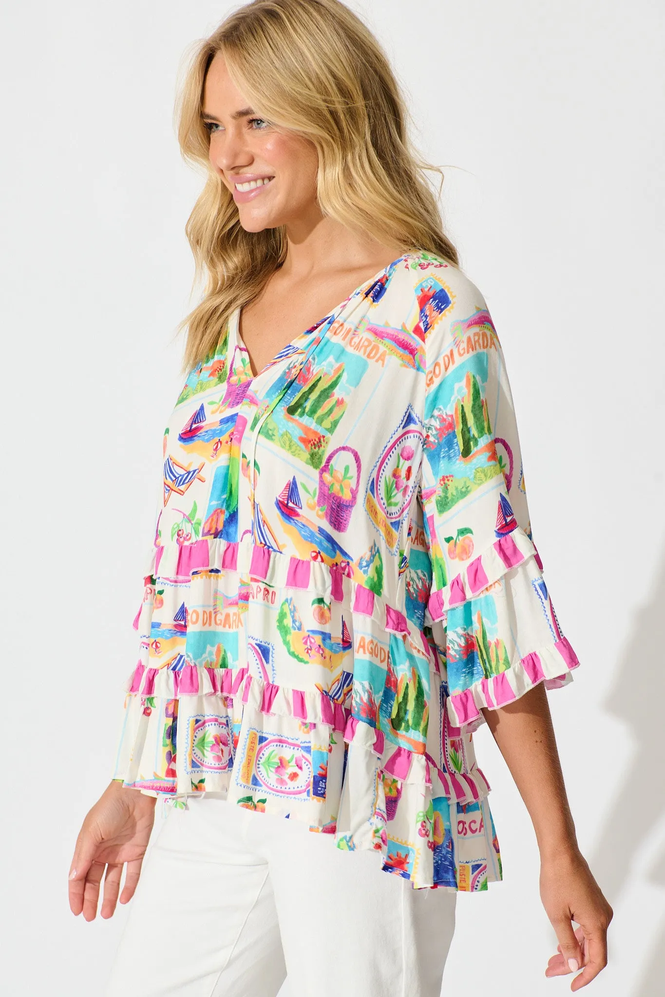 Rina Top in White With Bright Resort Print sold by St Frock product image thumbnail 2