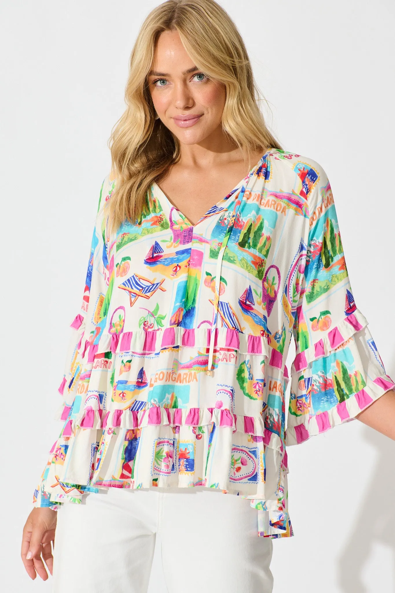 Rina Top in White With Bright Resort Print sold by St Frock