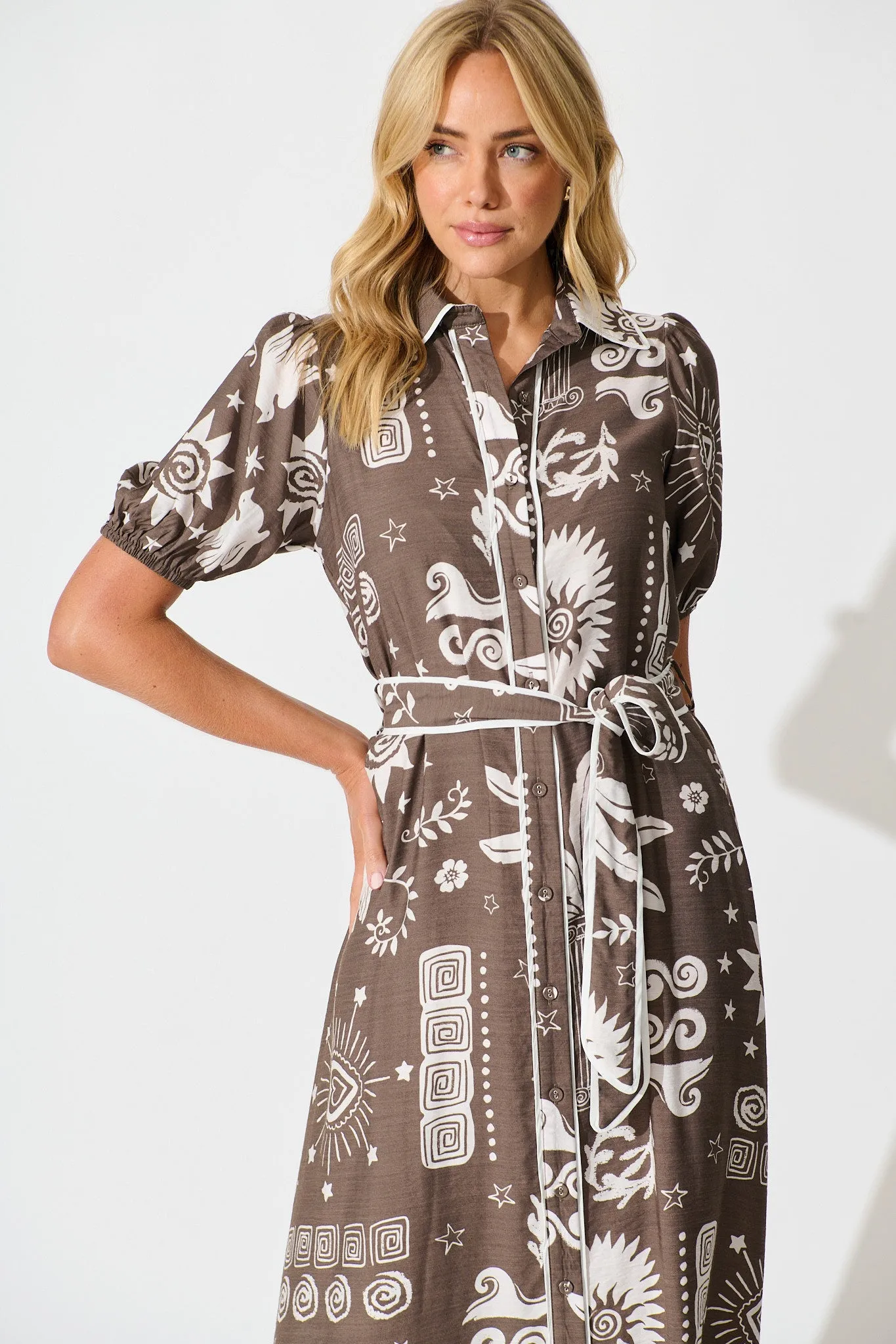 Norah Midi Shirt Dress in Mocha and White print sold by St Frock product image thumbnail 2