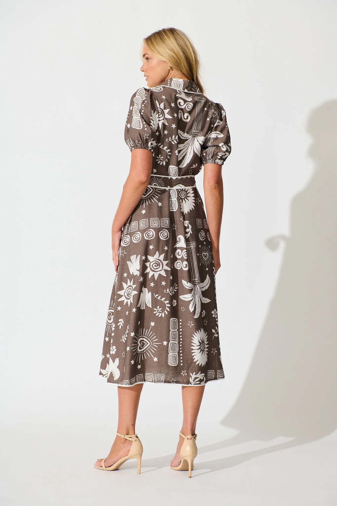 Norah Midi Shirt Dress in Mocha and White print sold by St Frock product image thumbnail 4