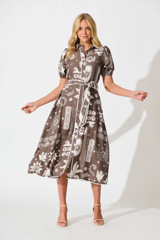 Norah Midi Shirt Dress in Mocha and White print sold by St Frock